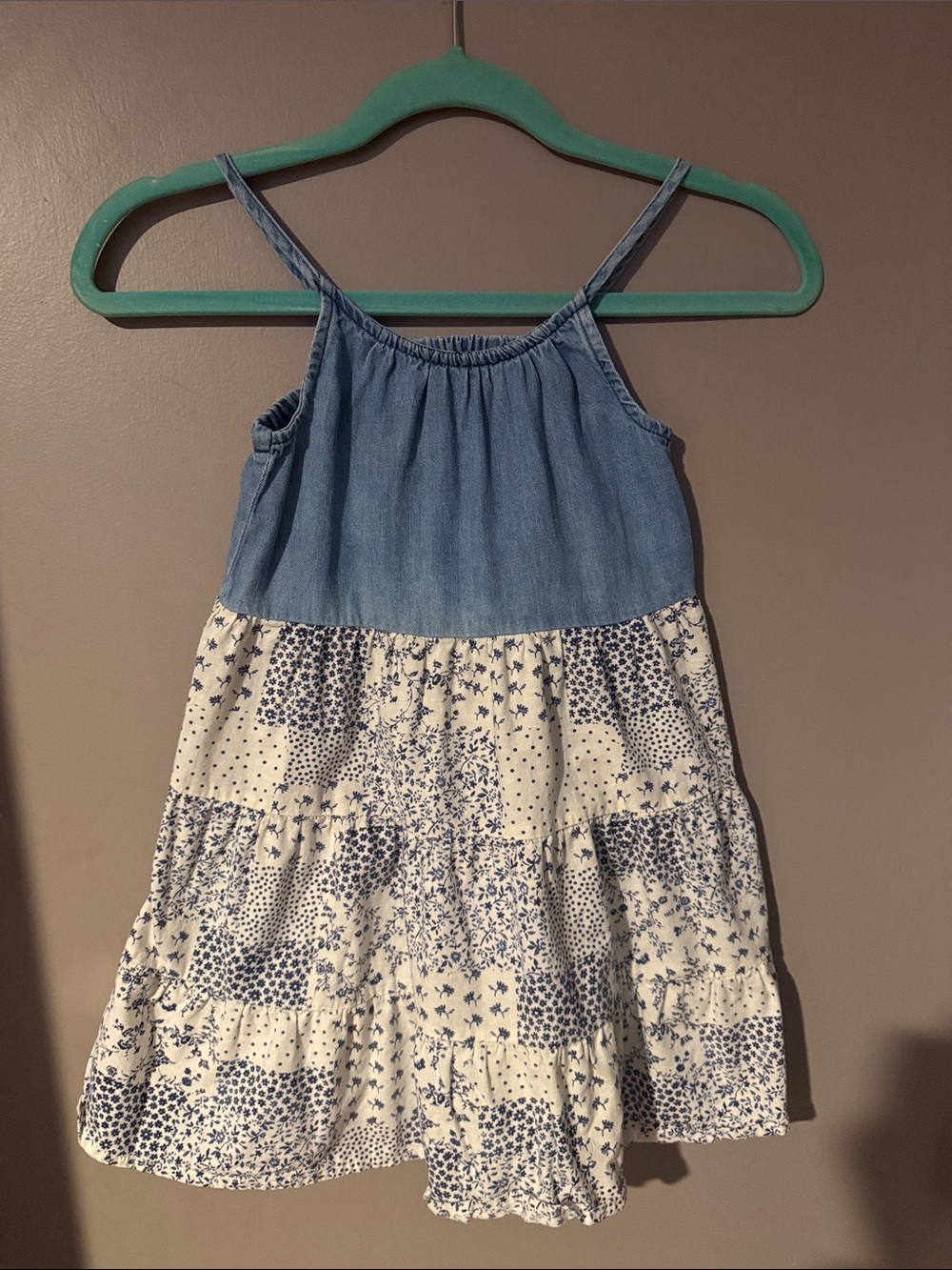 Girls Blue Chambray & White Floral Patchwork Sundress